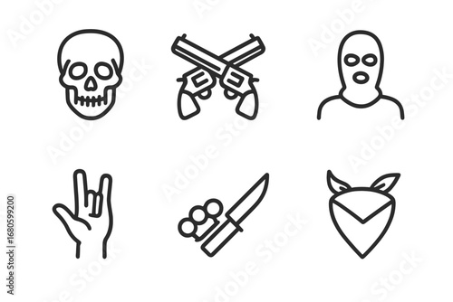 Gang Symbol Icons. Outline icon set of gang symbols: skull, crossed pistols, mask, tattoo, gang sign hand, brass knuckles, knife,
