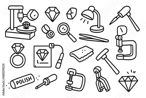 Gemstone Cutting Tools. Hand-drawn doodle illustration gemstone cutting faceting machine, gemstone, polishing wheel, loupe,