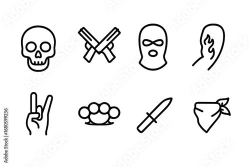 Gang Symbol Icons. Outline icon set of gang symbols: skull, crossed pistols, mask, tattoo, gang sign hand, brass knuckles, knife,