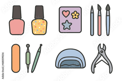 Colorful Nail Art Tools. Flat vector mini-illustrations nail art polish in colors children's illustrations: nail polish colors,