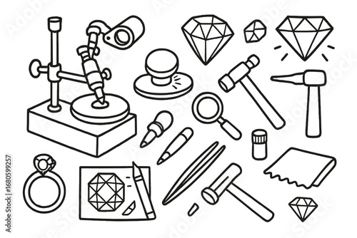 Gemstone Cutting Tools. Hand-drawn doodle illustration gemstone cutting faceting machine, gemstone, polishing wheel, loupe,