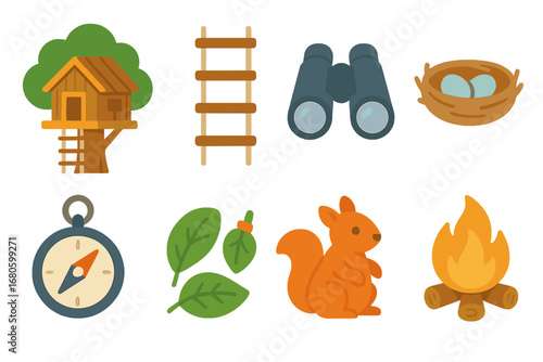 Forest Adventure Icons. Flat vector mini-illustrations forest lookout in colors children's illustrations: treehouse, rope ladder,