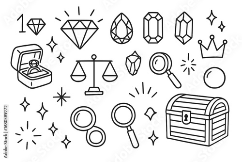 Gemstone Doodle Icons. Hand-drawn doodle illustration gemstone carat gemstone, diamond, ruby, sapphire, emerald, amethyst, pearl,