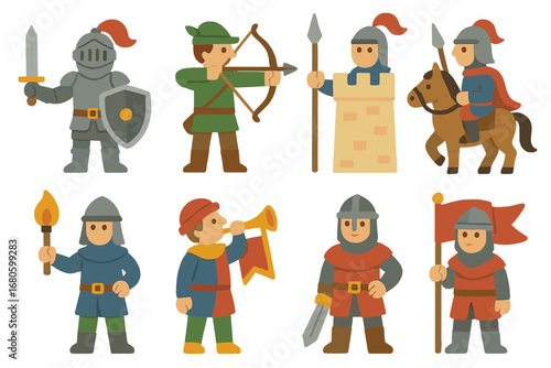 Fortress Guardians Parade. Flat vector mini-illustrations fortress guards in colors children's illustrations: armored knight,