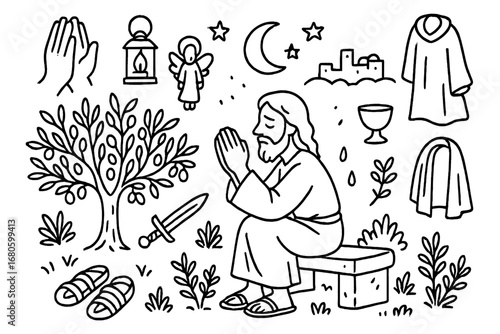Gethsemane Solitude Doodle. Hand-drawn doodle illustration Jesus’ solitude in Garden of Gethsemane Jesus figure, praying hands,