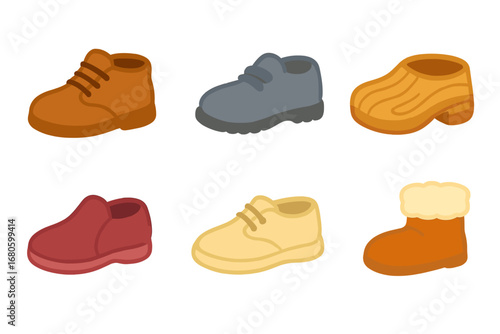 Giant Shoe Materials Grid. Flat vector mini-illustrations giant shoe materials in colors children's illustrations: giant leather,