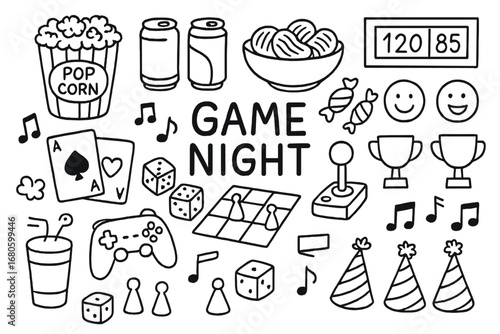 Game Night Doodles. Hand-drawn doodle illustration game night snacks popcorn bucket, soda cans, chips bowl, candy, playing cards,