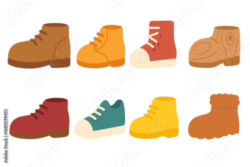 Giant Shoe Materials Grid. Flat vector mini-illustrations giant shoe materials in colors children's illustrations: giant leather,