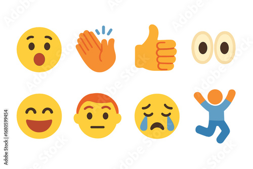 Colorful Reaction Icons. Flat vector mini-illustrations reaction in colors children's illustrations: surprised face, clapping