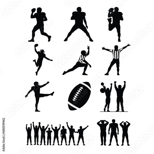 Black and white football action bundle with quarterback, receiver, lineman, kicker, referee, cheerleader, coach, and crowd silhouettes