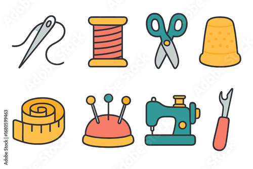 Colorful Sewing Tools. Flat vector mini-illustrations sewing tools in colors children's illustrations: needle, thread spool,