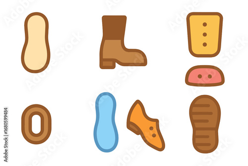 Colorful Shoe Parts. Flat vector mini-illustrations shoe parts in colors children's illustrations: sole, heel, toe cap, tongue,