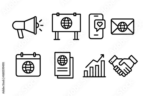 Global Marketing Icons. Outline icon set of global marketing: megaphone, billboard, social media, email, calendar, flyer,