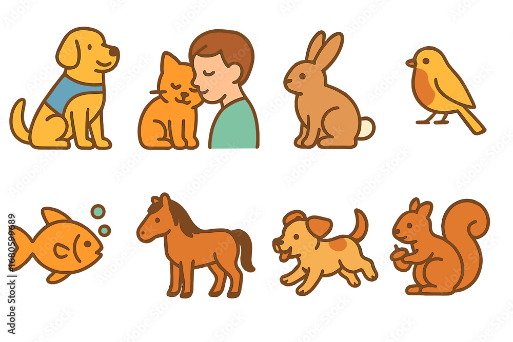 Obraz premium Grief Support Animals. Flat vector mini-illustrations grief support animals in colors children's illustrations: therapy dog,