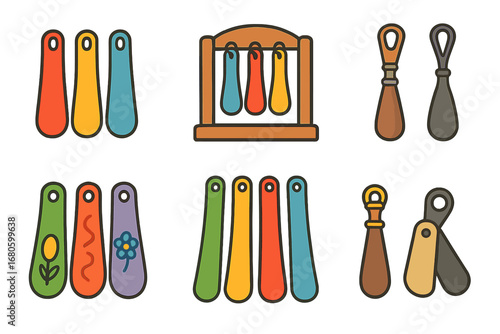 Colorful Shoehorn Collection. Flat vector mini-illustrations shoehorn collection in colors children's illustrations: assorted