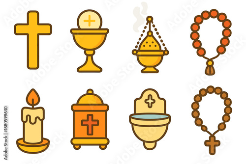 Hallowed Objects Grid. Flat vector mini-illustrations hallowed objects in colors children's illustrations: cross, chalice, incense