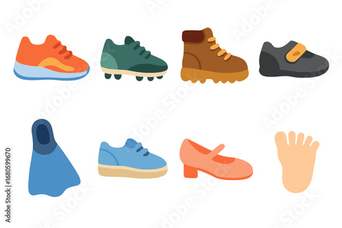 Colorful Sporty Footwear Icons. Flat vector mini-illustrations sporty toes in colors children's illustrations: running shoe,