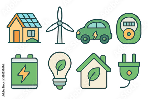 Green Technology Icons. Flat vector mini-illustrations green technology in colors children's illustrations: solar roof, wind