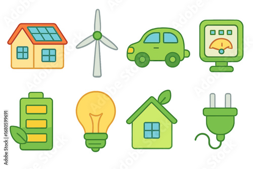 Green Technology Icons. Flat vector mini-illustrations green technology in colors children's illustrations: solar roof, wind