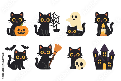 Halloween Black Cat Icons. Flat vector mini-illustrations halloween black cat in colors children's illustrations: black cat with
