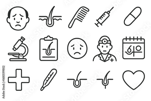 Hair Loss Illustration. Hand-drawn doodle illustration hair loss scalp, hair follicle, hair strand, comb, syringe, pill,