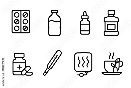 Hangover and Party Icons. Outline icon set of hangover care kit: painkillers, water bottle, eye drops, mouthwash, vitamin pills,