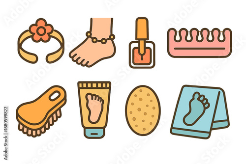 Colorful Toe Accessories. Flat vector mini-illustrations toe accessories in colors children's illustrations: toe ring, anklet,