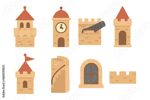 Colorful Turrets Grid. Flat vector mini-illustrations turret in colors children's illustrations: castle turret, watch turret,