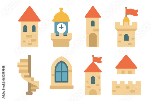Colorful Turrets Grid. Flat vector mini-illustrations turret in colors children's illustrations: castle turret, watch turret,