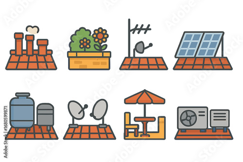 Colorful Urban Rooftops. Flat vector mini-illustrations panoramic urban rooftops in colors children's illustrations: chimney
