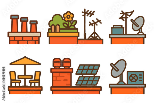 Colorful Urban Rooftops. Flat vector mini-illustrations panoramic urban rooftops in colors children's illustrations: chimney