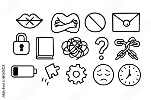 Communication Breakdown Symbols. Hand-drawn doodle illustration communication inability muted lips, crossed arms, silence symbol,