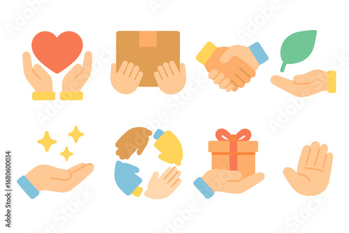 Helping Hands Icons. Flat vector mini-illustrations helping hands in colors children's illustrations: hands holding heart, hands