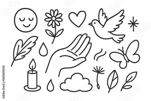 Compassion Icons Sketch. Hand-drawn doodle illustration compassionate sensitivity hand reaching out, heart, dove, flower, feather,