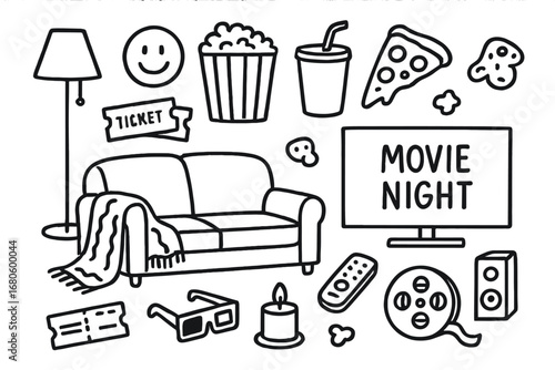 Cozy Movie Night Doodles. Hand-drawn doodle illustration movie night cozy setup couch, blanket, popcorn bucket, TV screen, remote