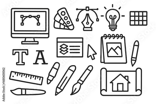 Creative Design Elements. Hand-drawn doodle illustration graphic design computer monitor, vector shapes, color palette, pen tool,