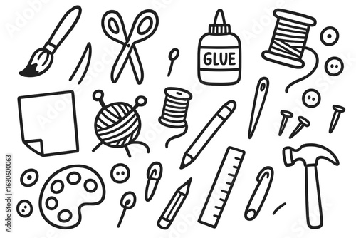Craft Doodle Icons. Hand-drawn doodle illustration creative crafting paintbrush, scissors, glue bottle, yarn ball, knitting