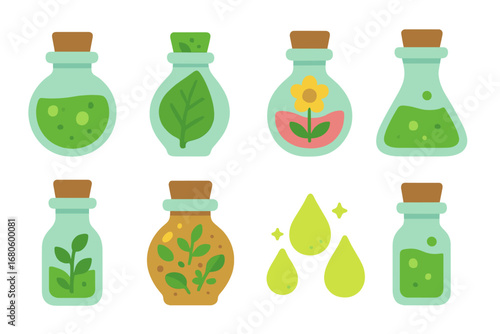 Herbal Potion Icons. Flat vector mini-illustrations herbal potions in colors children's illustrations: green potion, leaf bottle,