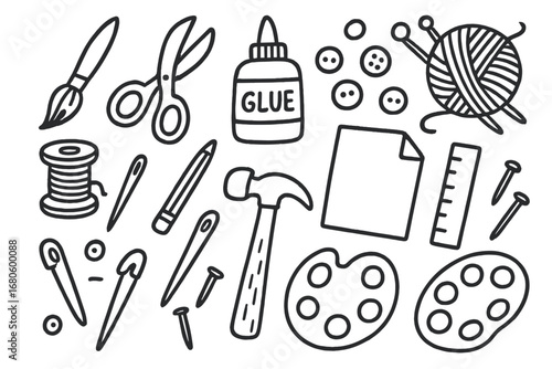 Craft Doodle Icons. Hand-drawn doodle illustration creative crafting paintbrush, scissors, glue bottle, yarn ball, knitting