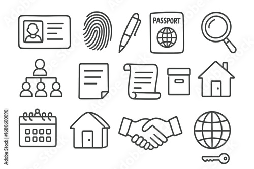 Identity Exploration Icons. Hand-drawn doodle illustration surname identity ID card, fingerprint, passport, magnifying glass,