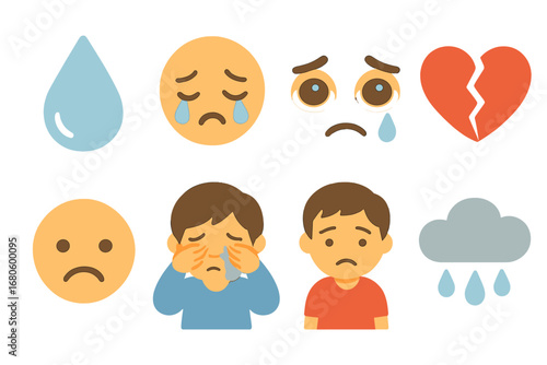Crying Face Icons. Flat vector mini-illustrations sadness and crying in colors children's illustrations: teardrop, crying face,