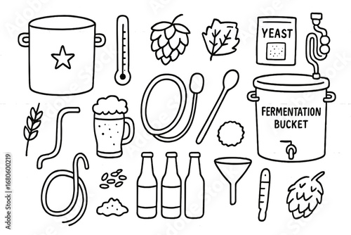 Home Brewing Essentials. Hand-drawn doodle illustration home brewing craft beer fermentation bucket, hops, barley, yeast packet,