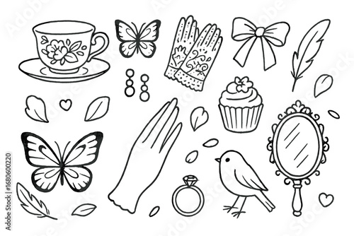 Delicate Doodle Elements. Hand-drawn doodle illustration exquisite delicacy porcelain cup, butterfly, lace gloves, pearl earrings,