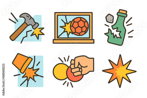 Impact Illustrations Grid. Flat vector mini-illustrations glass impact in colors children's illustrations: hammer hitting glass,
