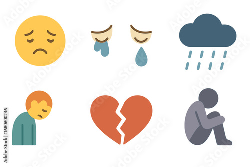 Depression Icon Grid. Flat vector mini-illustrations depression emotions in colors children's illustrations: sad face, crying eyes