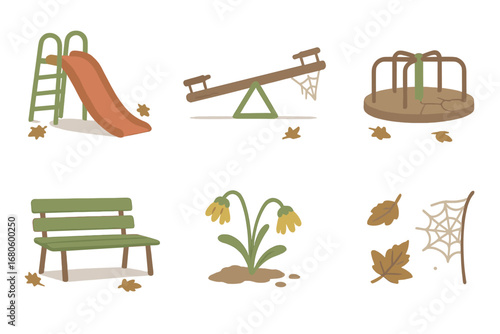 Deserted Playground Icons. Flat vector mini-illustrations deserted playground in colors children's illustrations: empty slide,