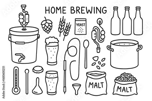 Home Brewing Essentials. Hand-drawn doodle illustration home brewing craft beer fermentation bucket, hops, barley, yeast packet,