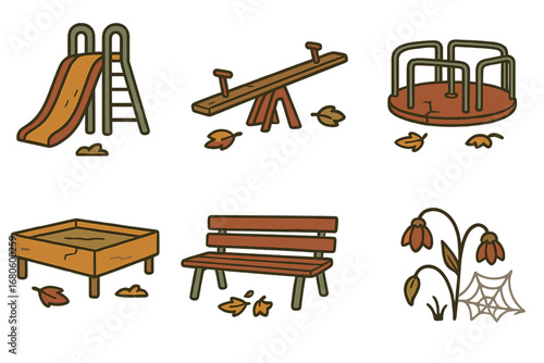 Deserted Playground Icons. Flat vector mini-illustrations deserted playground in colors children's illustrations: empty slide,