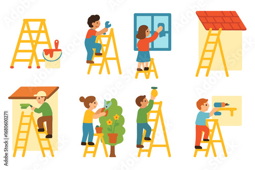 Home Improvement Ladders. Flat vector mini-illustrations ladder in home improvement in colors children's illustrations: painting