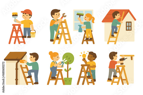 Home Improvement Ladders. Flat vector mini-illustrations ladder in home improvement in colors children's illustrations: painting